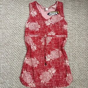 Palmwave Hawaiian Pineapple Print Dress Red White V-Neck Drawstring RS1-D547 L